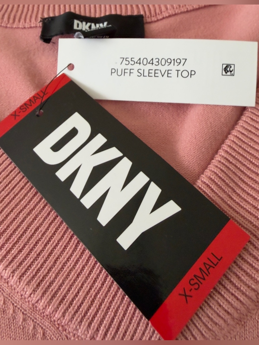 DKNY Women’s Size XS Pink V Neck Half Sleeve Puff Sleeve Pullover Sweater NWT - Picture 4 of 7
